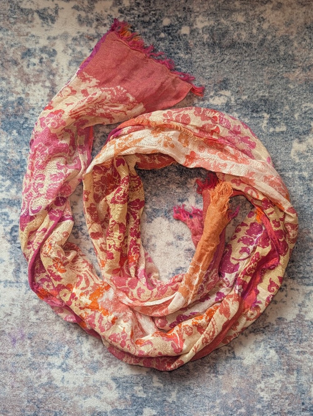 Pink & Orange Floral Scarf w/ Frayed Ends